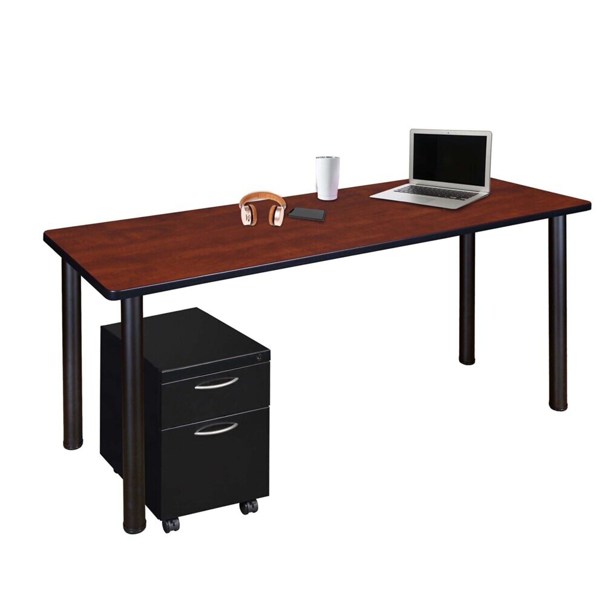 Regency Furniture Kee Mobile Desk with Storage — 66in. x 24in., Cherry Top, Black Legs, Locking Casters, Model# MDCLMP6624CHBK